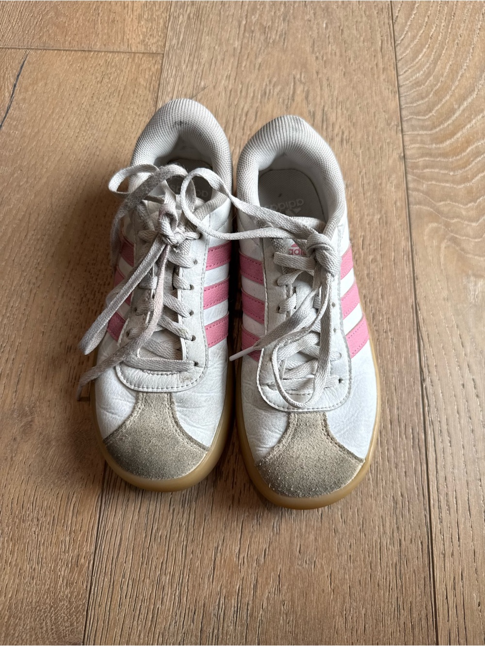 Adidas Kids (girls) White Sneakers with Pink Stripes and Gum Sole 13.5